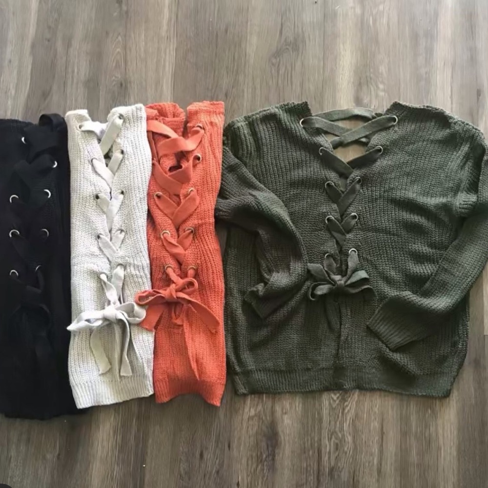 Green LightweightLace Up Back Sweater - Picture 5 of 6